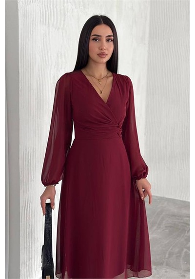 Kadın Bordo Astarlı Şifon Elbise Dpnbk3028 Bordo