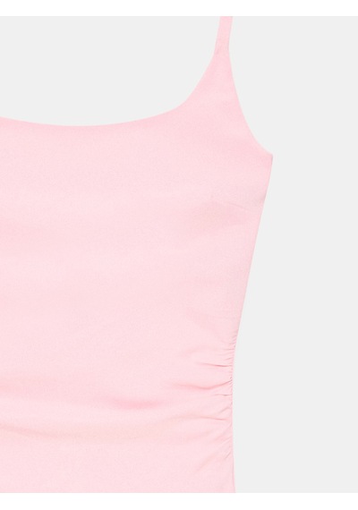 Dilvin 91712 Kare Yaka Büzgülü Midi Elbise-toz Pembe