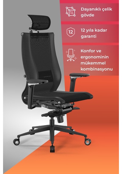 Samurai Ergonomik Koltuk Bel Destekli, Fileli Sırt Destekli, Siyah, Yönetici Koltuğu -511.f.15.2 Siyah