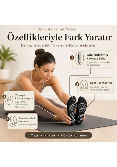 Womanandkids Wak Kaymaz Taban 3'lü Yoga Ve Pilates Çorabı Siyah Kadın, Silikon Tabanlı Nefes Alabilir Bilek Bantl