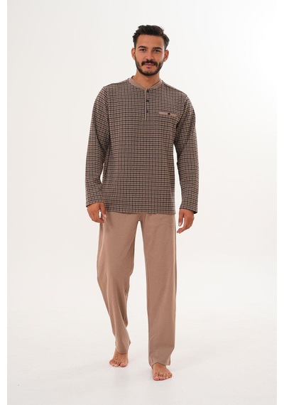 Çift Kaplan Erkek Desenli Patlı Bej Pijama Takımı 8038 Bej