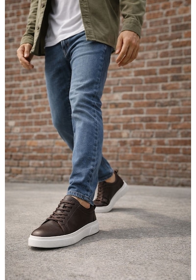 Muggo Leons Hakiki Deri Erkek Kalın Taban Bağcıklı Günlük Casual Sneaker Kahverengi
