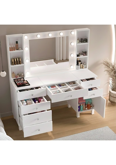 Robin Home Hollywood Makyaj Masası 7 Çekmece Kapaklı Düzenleyici Hollywood Led Işıklı Raflı Beyaz Robin Home Hollywood Makyaj Masası 7 Çekmece Kapaklı Düzenleyici Hollywood Led Işıklı Raflı Beyaz