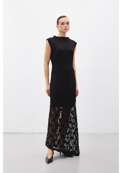 Sateen Dantel Kolsuz Elbise - Siyah-137060 Siyah