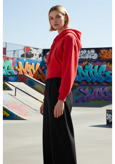 Benerly Kadın Kapüşonlu Düşük Kol Fermuarlı Örme Sweatshirt Fonksiyonel D Kırmızı