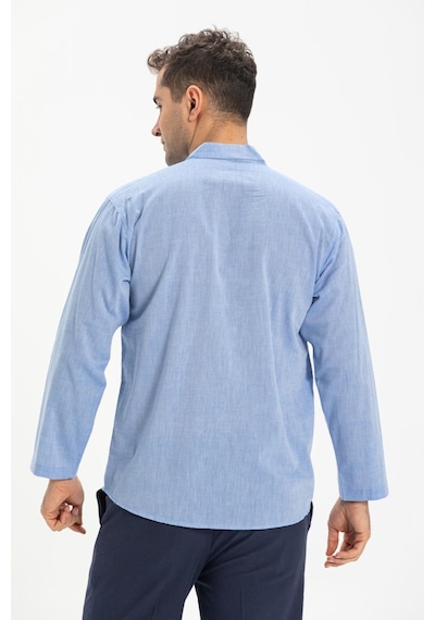 Eliş Şile Bezi Büyük Beden Şile Bezi Uzun Kol Tek Cepli Hakim Yaka Erkek Yazlık Tshirt Mavi 3032-Mavi