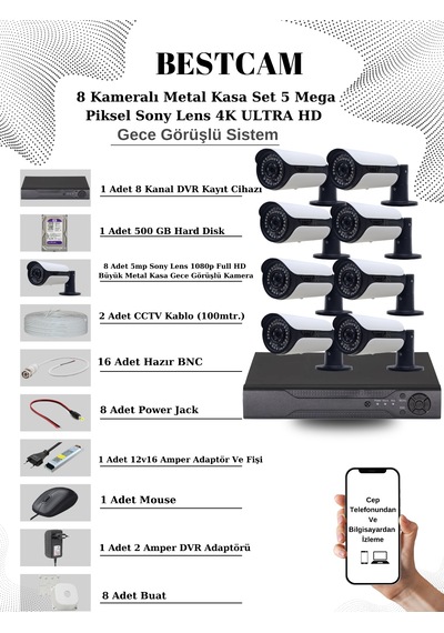 8 Kameralı Metal Kasa Set 5 Mp Sony Lensli 4k Ultra Hd 500 Gb Hdd