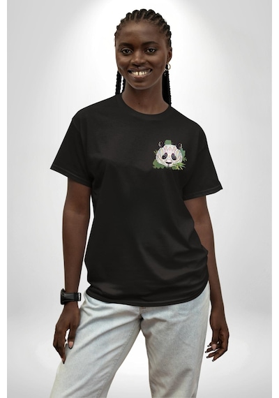 Kulaklıklı Hipster Portre Panda Siyah Oversize Unisex Ön Ve Sırt Baskılı Tişört Siyah
