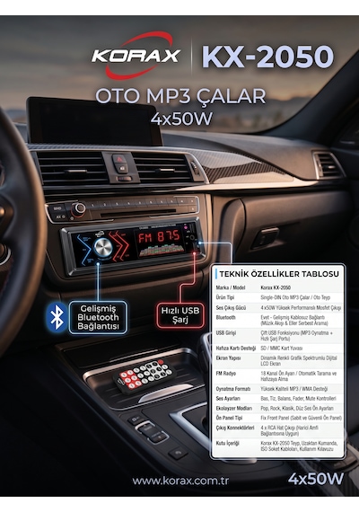 Korax Kx-2050 Spektrum Ekranlı Bluetooth Oto Teyp Mosfet 4x50w Ses Çıkışı Single-dın Mp3 Çalar