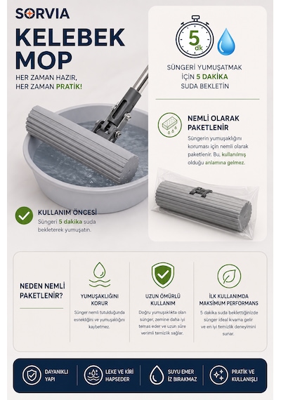 Kelebek Mop Kendinden Sıkmalı Pva Sünger Mop 124 Cm Çelik Saplı Yer Silme Ve Zemin Temizlik Mopu Kıl Tüy Toz Toplayan Temizlik Seti