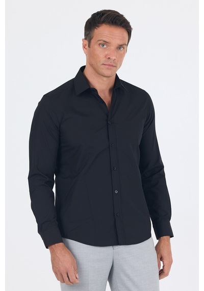 İmza Siyah Uzun Kol Sert Yaka Düz Pamuklu Slim Fit Gömlek 1004260057