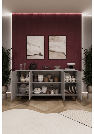 Asra Trend 4 Kapaklı Konsol KNSL01 %100 MDF Metal Ayaklı Çok Amaçlı Dolap Kül Gri