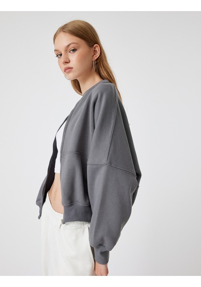 Koton Oversize Fermuarlı Sweatshirt Dikiş Detaylı Bisiklet Yaka Gri 5wal10014ık Gri