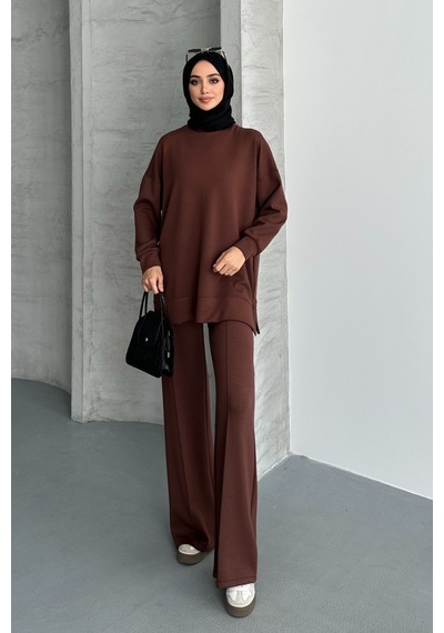 Feela Moda Kadın Modal Penye Oversize Tesettür Tunik Takım 2020 Kahverengi