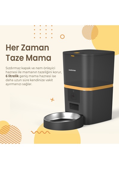 Haustier Qq005 Siyah Kameralı Akıllı Kedi Köpek Otomatik Mama Kabı, Tuya App-wifi Uzaktan Kontrol, Sesle Çağırma, 480p Kamera, 6lt Hazne, Metal Kase
