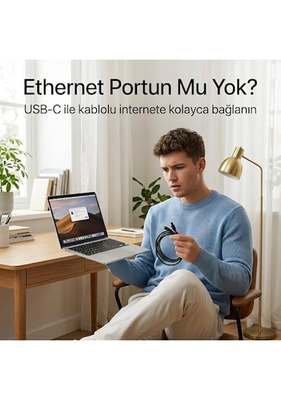 Type-c To Ethernet Çevirici Mini Adaptör - 1000 Mbps'e Kadar Hız - Usb-c'den Rj45 Gigabit Lan Dönüşt