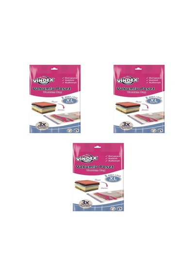 Vindex Vakumlu Giyisi Yastık Yorgan Saklama Torbası Poşeti Hurç - X Large - 55x90 Cm. -2'li 3 Paket Şeffaf
