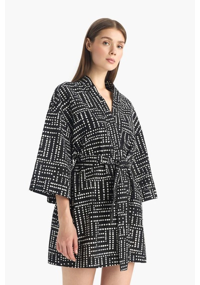 Defacto %100 Pamuk Regular Fıt Desenli Kuşaklı Kimono D0453AX24SM Siyah