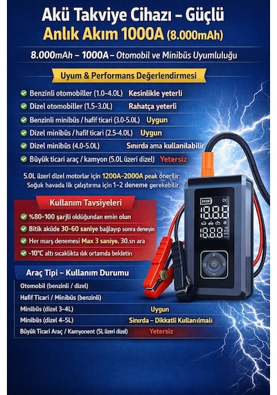 Exenar - Siyah - Akü Takviye Cihazı Hava Pompası 150psi Powerbank 8000mah 1000a Jump Starter Marş Basma Led Fenerli