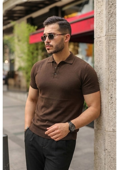 Veraura Lifestyle Erkek Düğmeli Yaka Pamuk Triko Tişört Kahverengi