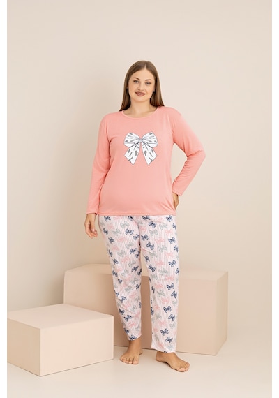 Rindahomewear Büyük Beden Fiyonk Baskılı Mercan Süprem Pijama Takımı Pembe