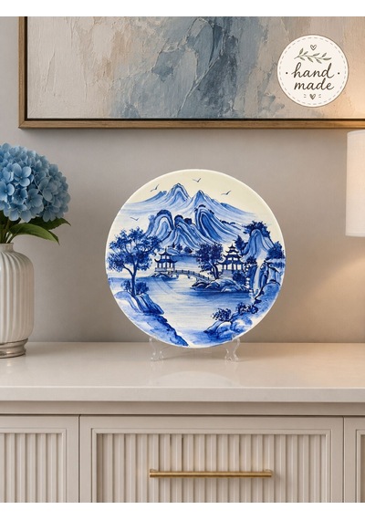 Ev Dekorasyonu - El Yapımı 30 Cm Blue Blanck Manzara Dekoratif Tabak