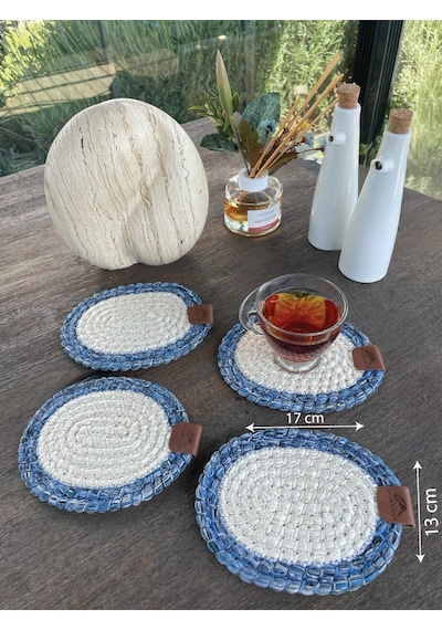 4 Adet Yuvarlak Bardak Altlığı- Leke Tutmaz- Mavi-beyaz 13x13 Cm Beyaz - Mavi