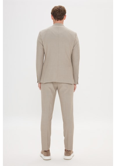 Erkek Bej Slim Fit Dar Kesim Mono Yaka Gofre Desenli Takım Elbise Bej