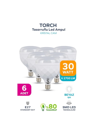 30w Kristal Tasarruflu E27 Beyaz Işık Torch Led Ampul 6 Adet 6 Adet