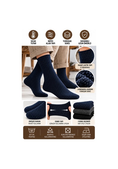 Westicgiyim Erkek Lambswool Yünlü Çorap 3'lü Kışlık Dikişsiz Sıcak Tutan 40-44 Çok Renkli Westicgiyim Erkek Lambswool Yünlü Çorap 3'lü Kışlık Dikişsiz Sıcak Tutan 40-44 Çok Renkli