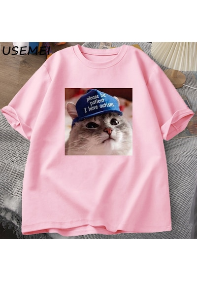 Flood Of Style Lütfen Sabırlı Olun Ben Otizm Kedi Grafik T Shirt Erkek T-shirt Adam Giysileri Kısa Kollu Pam Pembe