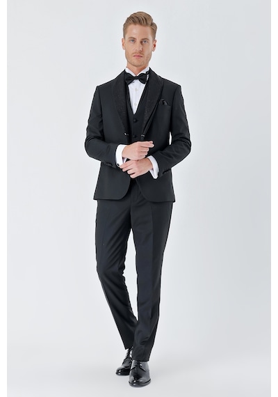 İmza Siyah Çizgili Çıkarılabilir Şal Yaka Yelekli 6 Drop Slim Fit Smokin Damatlık Takım 1001230212-Siyah