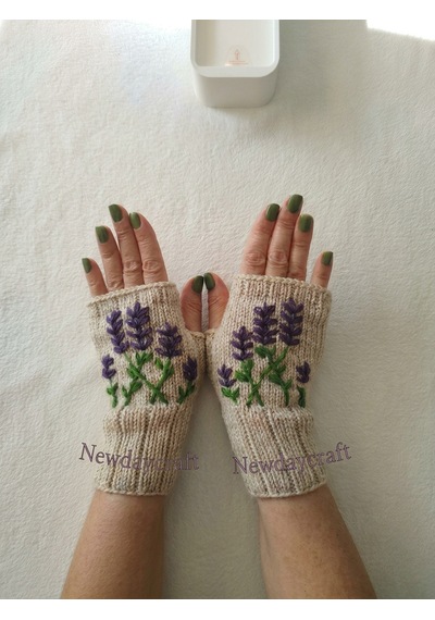 Newdaycraft Parmaksız El Örgü Eldiven - Bej / Lavanta