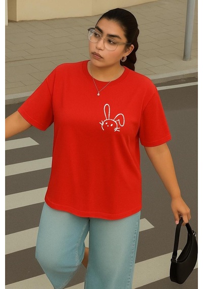 Benroma Büyük Beden Tavşan Baskılı Unisex Tişört Çok Renkli