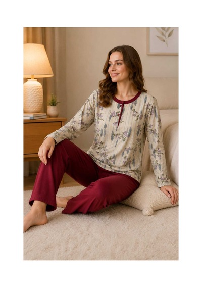 Tenra Rahat Kalıp Çiçek Desenli Kadın Pijama Takımı %100 Pamuk Kırmızı