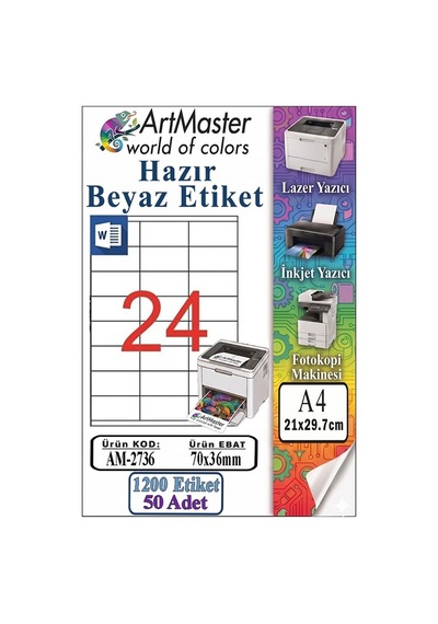 A4 Hazır Beyaz Etiket 70x36 Mm 50 Sayfa 1 Paket 24 Lü Kendinden Yapışkanlı Fotokopi Lazer İnkjet Kağıdı Yazıcılar İçin
