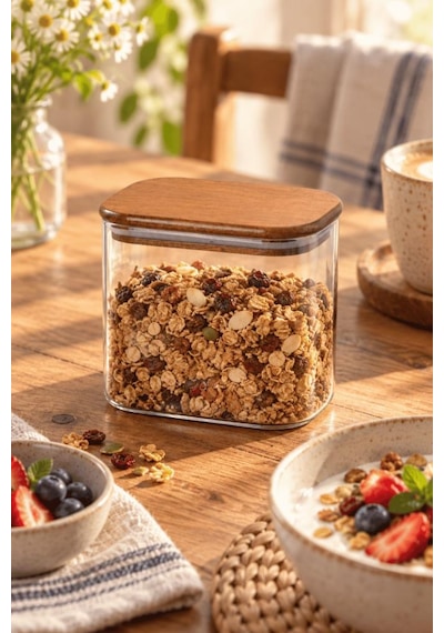 Atbyhome Akasya Ahşap Vakum Kapaklı Dikdörtgen Cam Kavanoz 650 Ml - Çay Kahve Ve Baharat Saklama Kabı Diğer