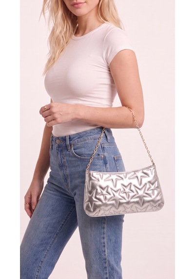 Esvelans Yıldız Desenli Zincir Askılı Portföy El Kol Ve Omuz Çantası Astarlı Clutch Çanta Gümüş