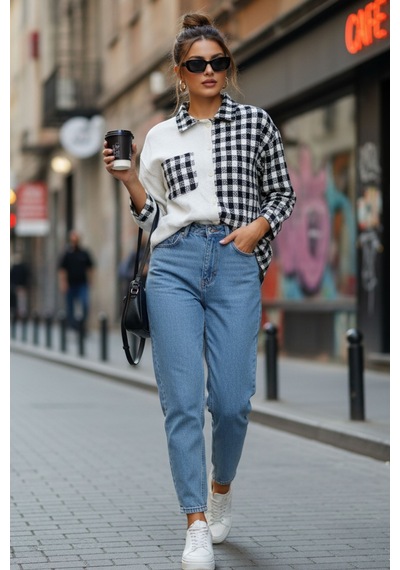 Kadın Siyah Oversize Fit Ekoseli Desenli Uzun Kollu %100 Pamuk Gömlek, Ceket, Kadın Oduncu Gömlek Siyah