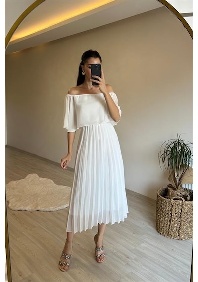 Neşeli Butik Kadın Omzu Açık Piliseli Midi Şifon Elbise Nm006 Beyaz