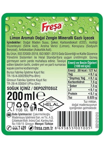 Freşa Limon Aromalı Doğal Zengin Mineralli Gazlı İçecek 4'lü 6 x 200 ML