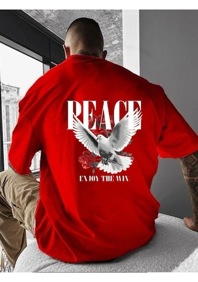 Peace Baskılı Oversize Tişört Kirmizi