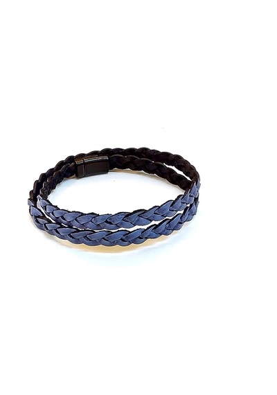 Graphite Double Braid Çift Sıra Örgü Mavi Hakiki Deri Erkek Bileklik-1427 Antrasit