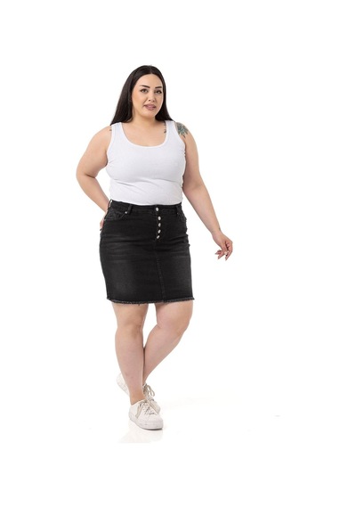 Disentis Büyük Beden Eteği Püsküllü Düğme Detaylı Siyah Denim Mini Etek-siyah Siyah