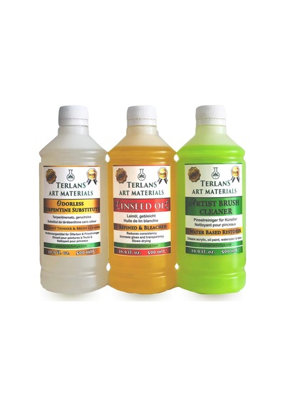Terlans Yağlı Boya Seti Yardımcı Malzemeler 3x500ml Kokusuz Terebentin - Keten Yağı - Boya Fırça Temizleyici