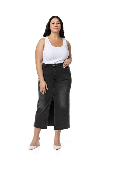 Disentis Büyük Beden Önden Yırtmaç Detaylı Beş Cepli Midi Denim Siyah Etek-siyah Siyah