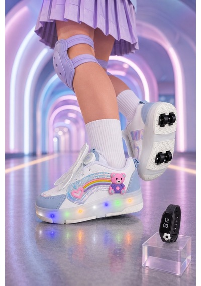 Muggo Colourful Çocuk Işıklı Patenli Tekerlekli Sneaker Spor Ayakkabı Bebe Mavi