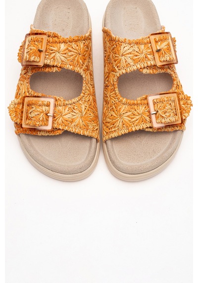 Luvishoes Luvi Shoes Mılana Turuncu Desenli Hakiki Deri Tokalı Çift Bantlı Kadın Terlik Turuncu