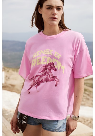 Grımelange Iratı Kadın Yumuşak Kumaşlı %100 Organik Pamuklu Baskı Detaylı Oversize Pembe T-shirt