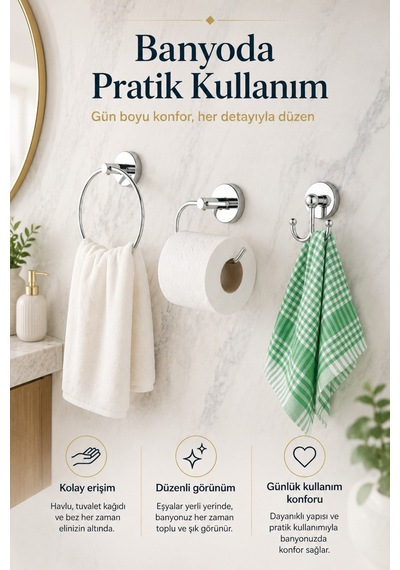 Alper Banyo Krom 3'Lü Banyo Seti, Yuvarlak Havluluk, Kağıtlık Ve Bornoz Askısı